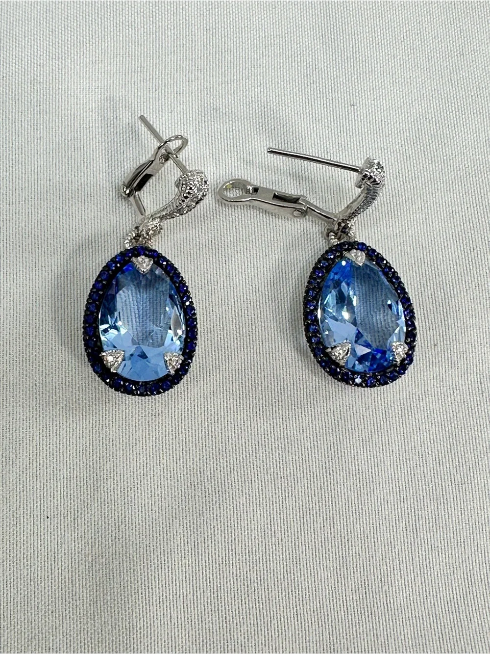 New Judith Ripka Capri Sterling Silver Pear Blue Crystal Lever Back CZ Earrings